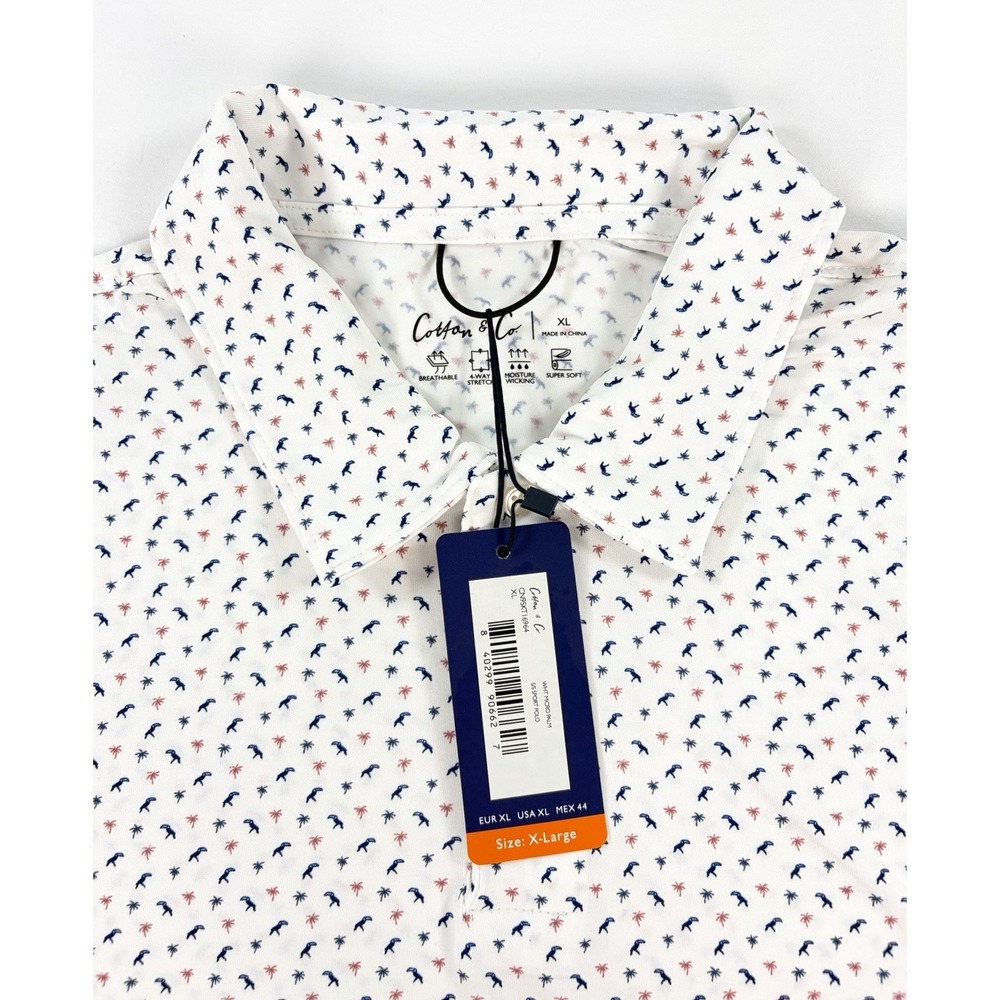 Cotton & Co Mens XL Sport Polo Shirt Toucan Palm Tree Performance Golf White New